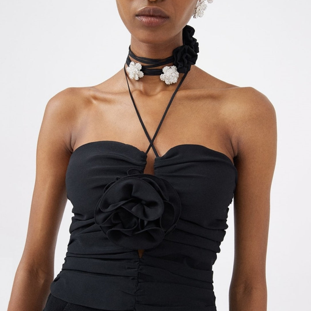 Sexy Halter Camisole Women Wild Slim Solid Black Rose Crop Top Y2K Female Streetwear Night Club Wear Office Lady