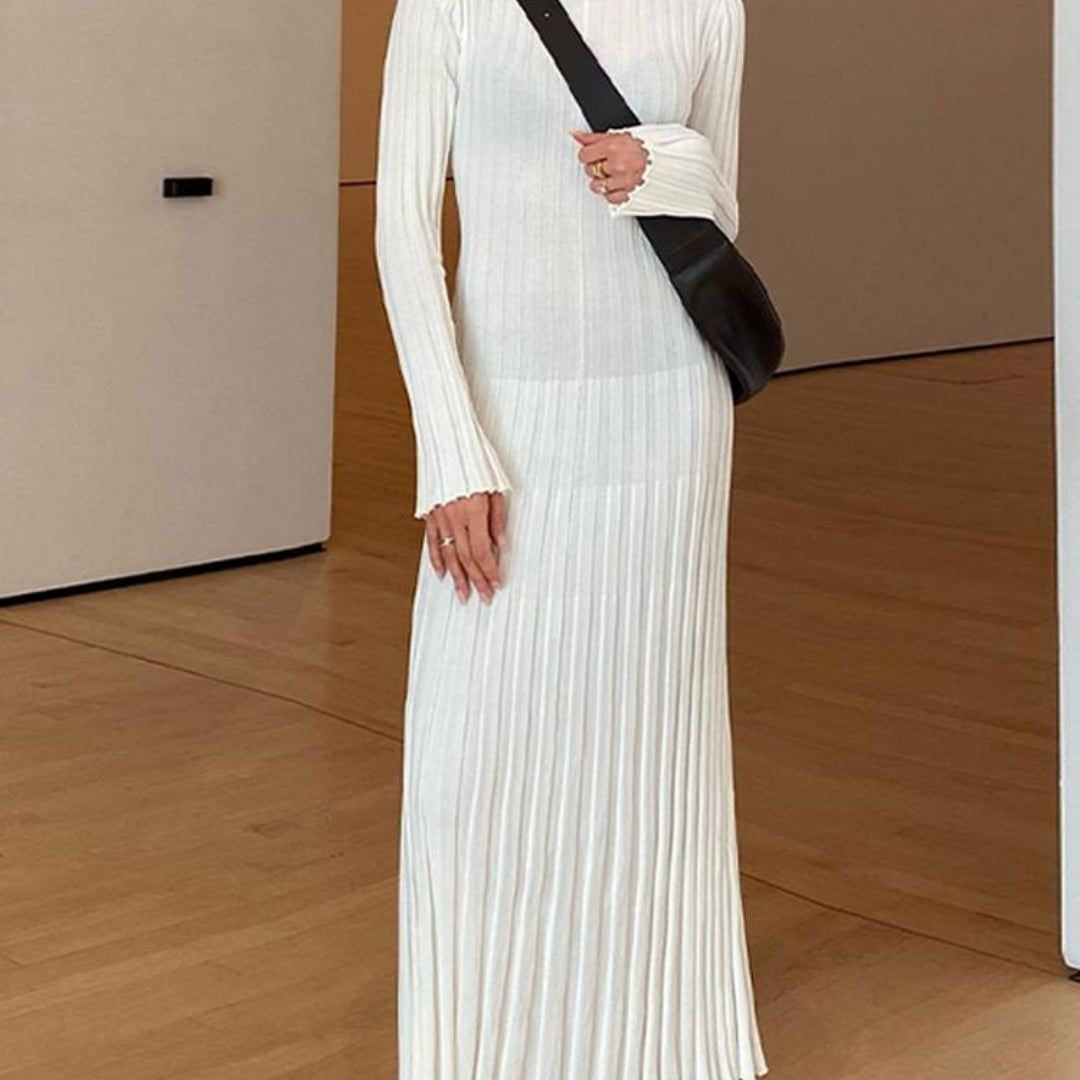 Maxi Dress Elegant Simple Knitted Pleated Women Spring Ribbed O-neck A-line Dresses