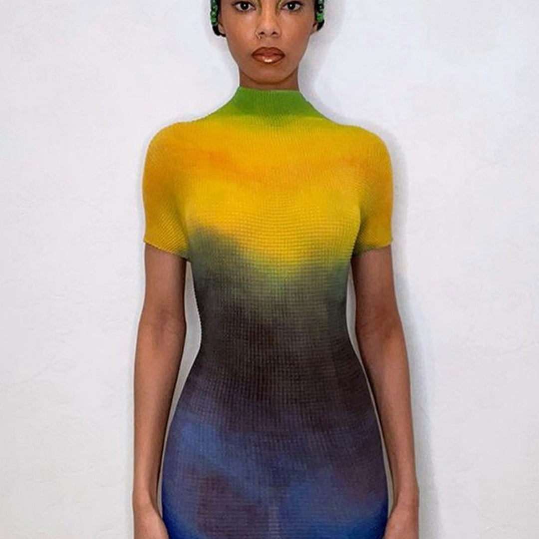 Ashore Shop Innovative Ripple Stretch one size fit all Short Sleeves Gradient Sexy Bodycon Skinny Mini Dress