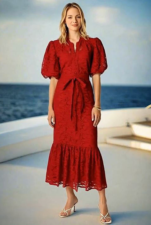Red_Puffy_Short_Sleeve_Long_Lace_Dresses