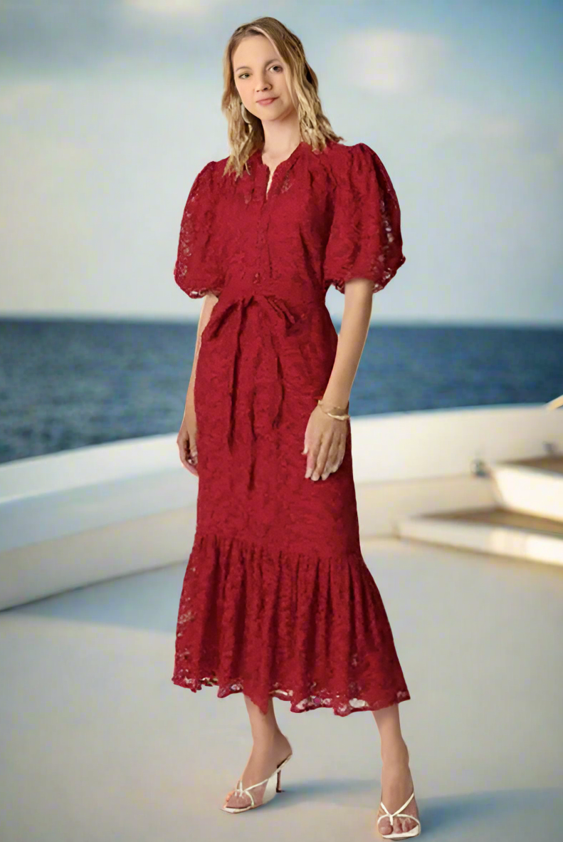 Red_Puffy_Short_Sleeve_Long_Lace_Dresses