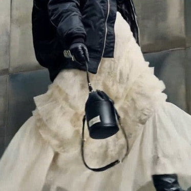 Black oversize jacket and ruffle skirt two piece sets