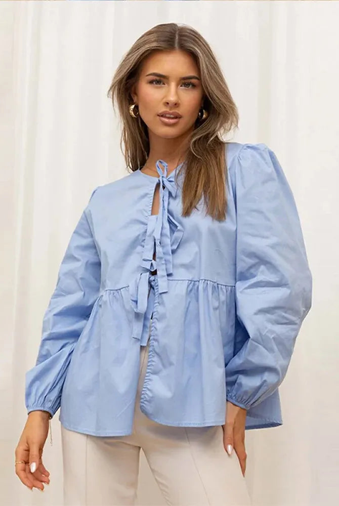 Summer-blouse-Bow-Tied-Lace-Up-Shirt-Women-Long-Puff-Sleeve-O-neck-Blouses-10
