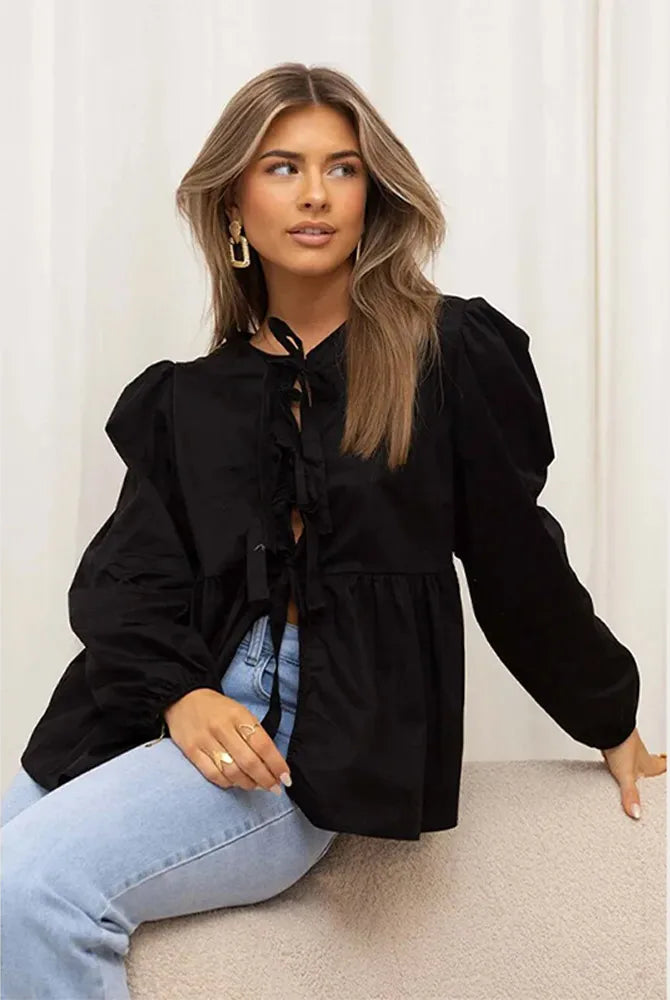 Summer-blouse-Bow-Tied-Lace-Up-Shirt-Women-Long-Puff-Sleeve-O-neck-Blouses-black