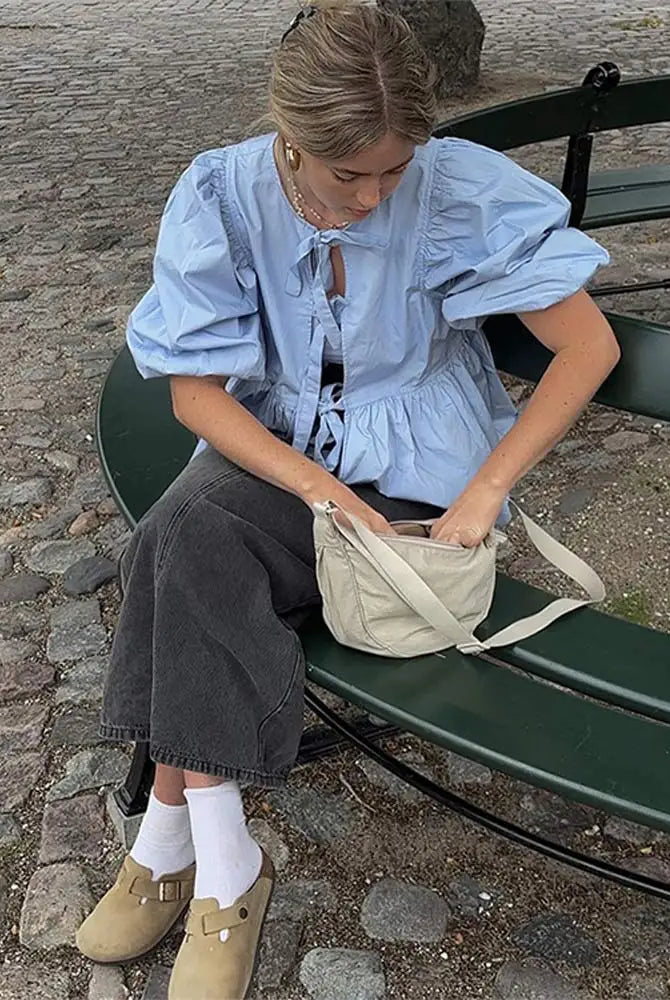 Summer-blouse-Bow-Tied-Lace-Up-Shirt-Women-Long-Puff-Sleeve-O-neck-Blouses-blue