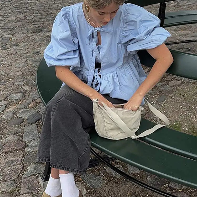 Summer-blouse-Bow-Tied-Lace-Up-Shirt-Women-Long-Puff-Sleeve-O-neck-Blouses-blue