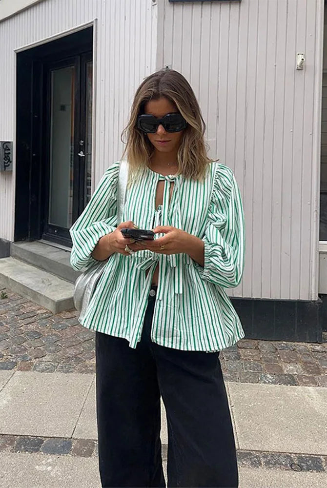 Summer-blouse-Bow-Tied-Lace-Up-Shirt-Women-Long-Puff-Sleeve-O-neck-Blouses-green