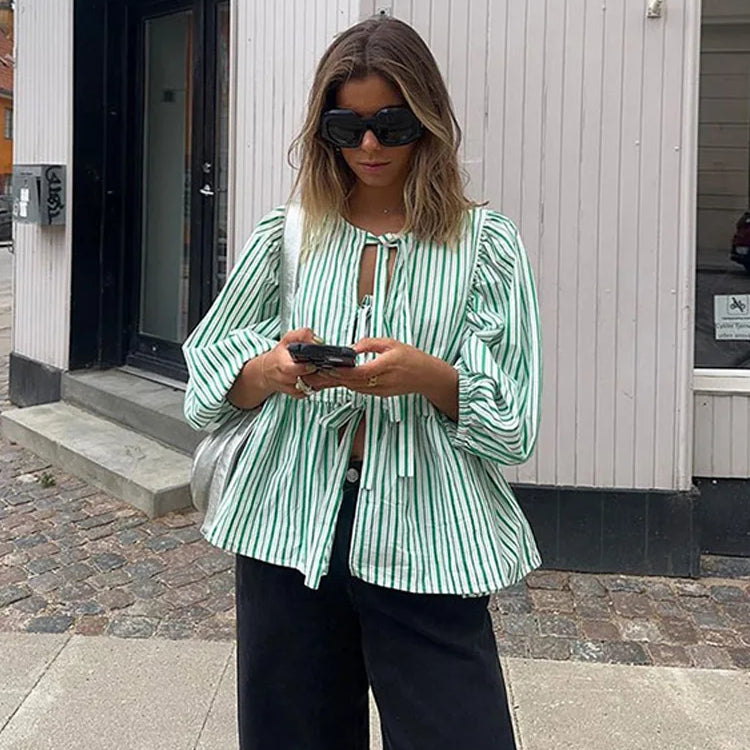 Summer-blouse-Bow-Tied-Lace-Up-Shirt-Women-Long-Puff-Sleeve-O-neck-Blouses-green