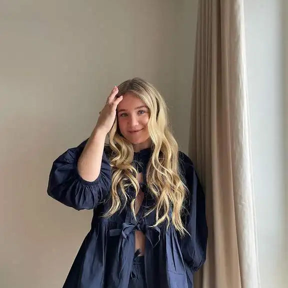 Summer-blouse-Bow-Tied-Lace-Up-Shirt-Women-Long-Puff-Sleeve-O-neck-Blouses-navy