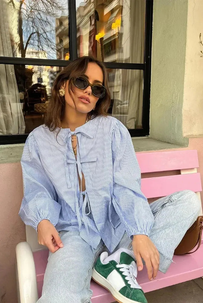 Summer-blouse-Bow-Tied-Lace-Up-Shirt-Women-Long-Puff-Sleeve-O-neck-Blouses-sky-blue