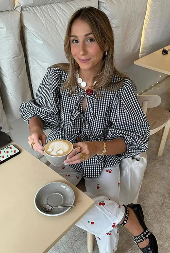 Summer-blouse-Bow-Tied-Lace-Up-Shirt-Women-Long-Puff-Sleeve-O-neck-Blouses-stripe