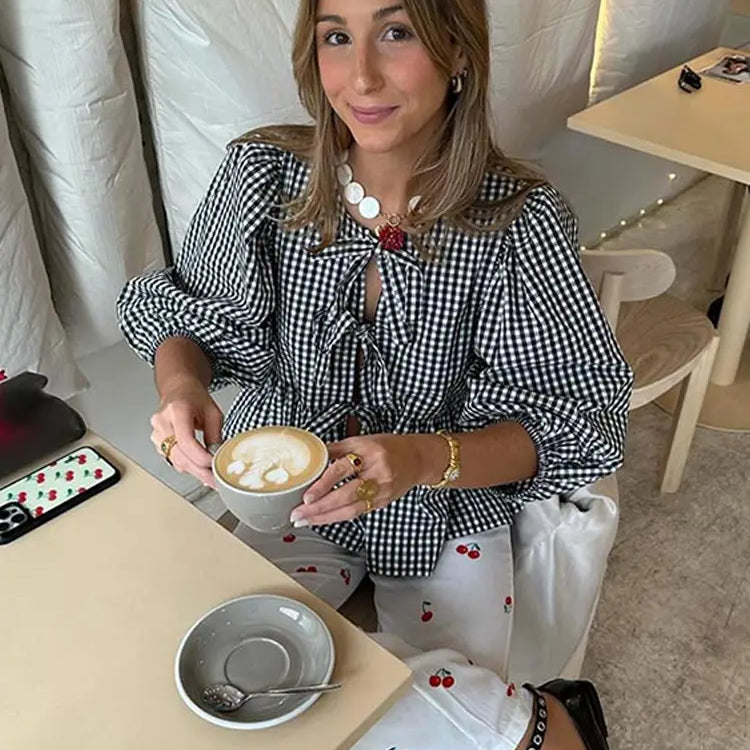 Summer-blouse-Bow-Tied-Lace-Up-Shirt-Women-Long-Puff-Sleeve-O-neck-Blouses-stripe