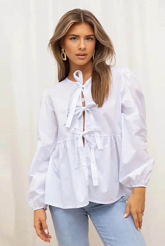 Summer-blouse-Bow-Tied-Lace-Up-Shirt-Women-Long-Puff-Sleeve-O-neck-Blouses-summer-blouse