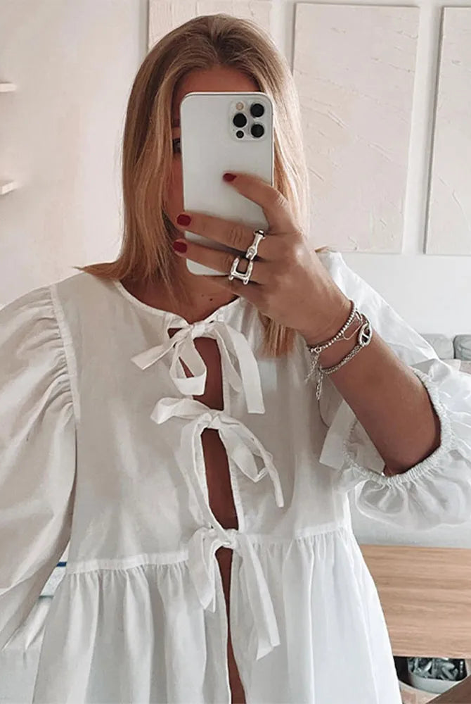 Summer-blouse-Bow-Tied-Lace-Up-Shirt-Women-Long-Puff-Sleeve-O-neck-Blouses-white