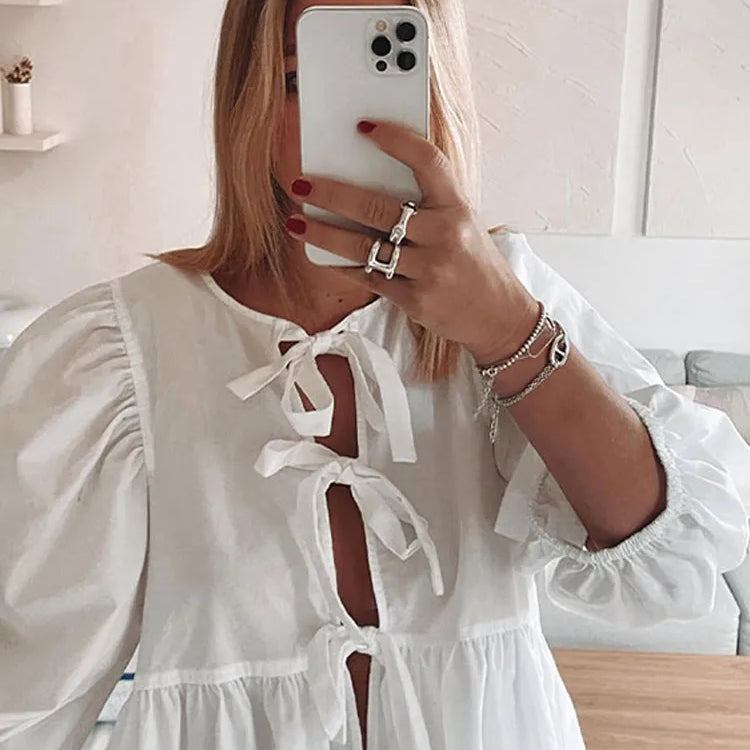 Summer-blouse-Bow-Tied-Lace-Up-Shirt-Women-Long-Puff-Sleeve-O-neck-Blouses-white