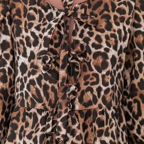 Summer-blouse-Bow-Tied-Lace-Up-Shirt-Women-Long-Puff-Sleeve-O-neck-Blouses-leopard
