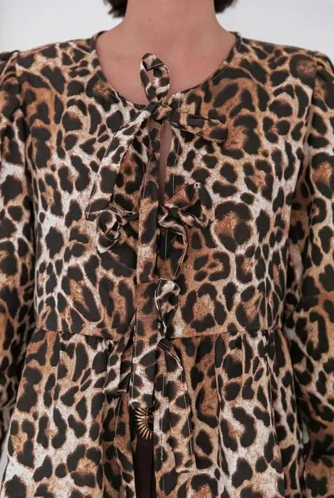 Summer-blouse-Bow-Tied-Lace-Up-Shirt-Women-Long-Puff-Sleeve-O-neck-Blouses-leopard
