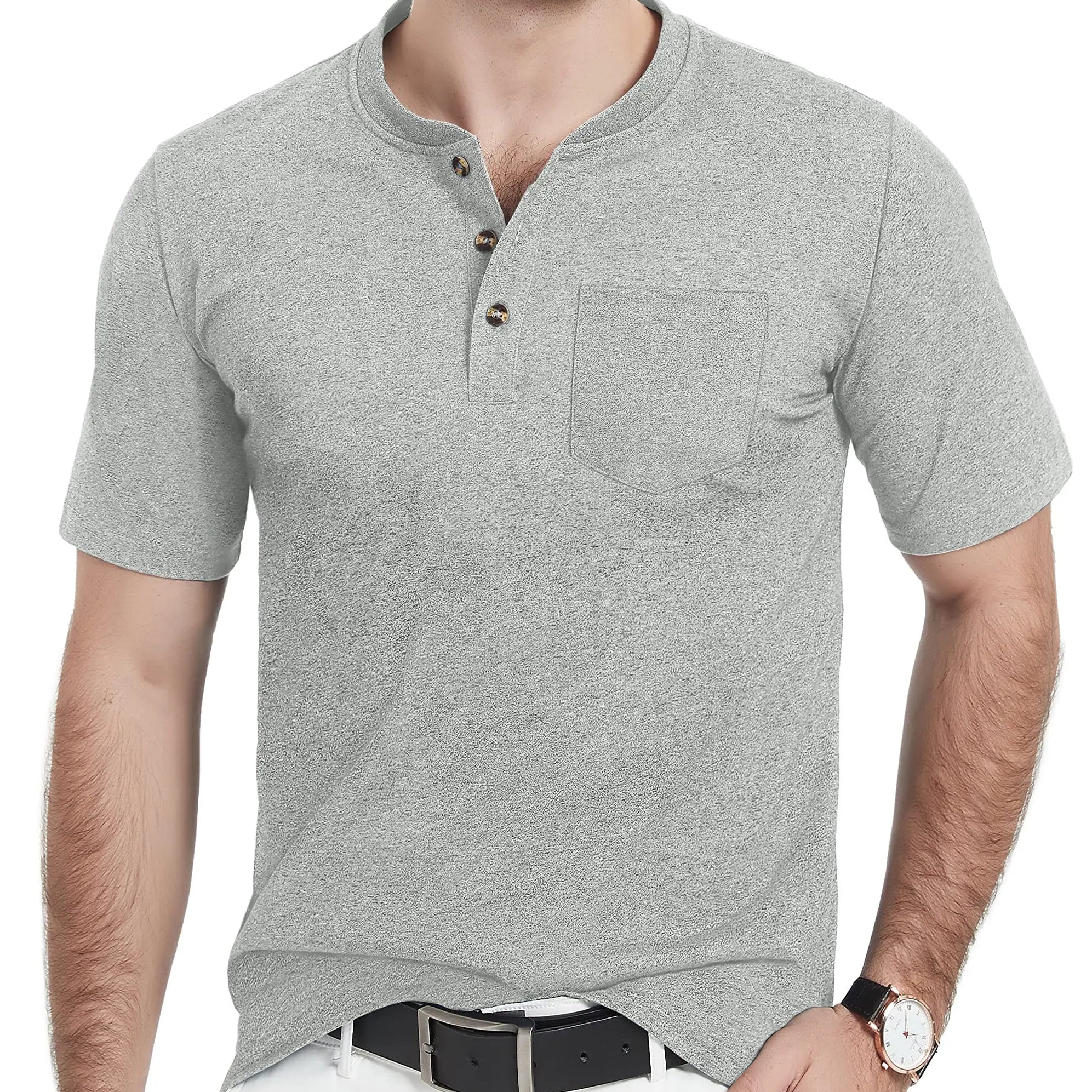 Summer Mens Cotton Henley T-shirts Casual Short Sleeve Tee Shirts-0a
