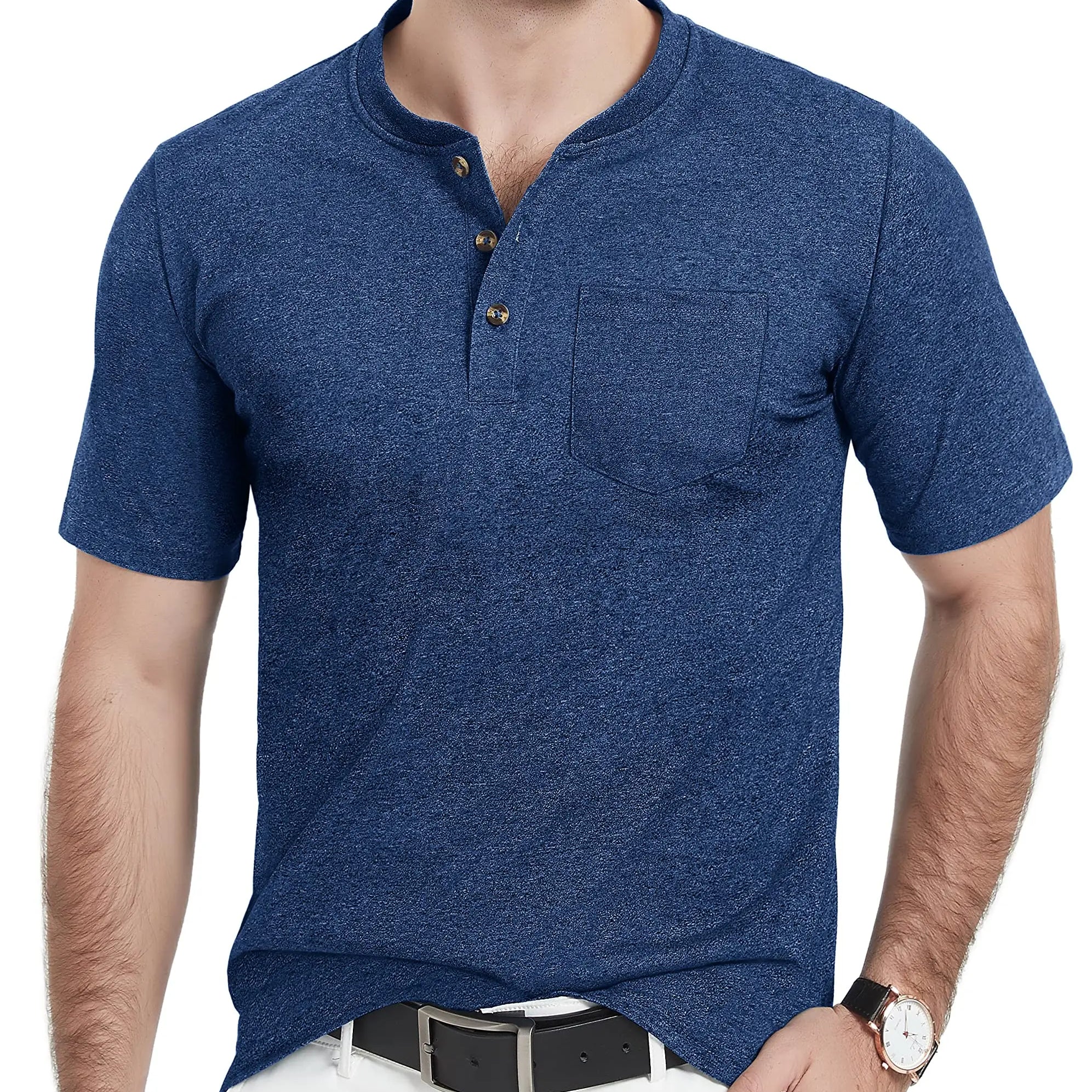 Summer Mens Cotton Henley T-shirts Casual Short Sleeve Tee Shirts-10