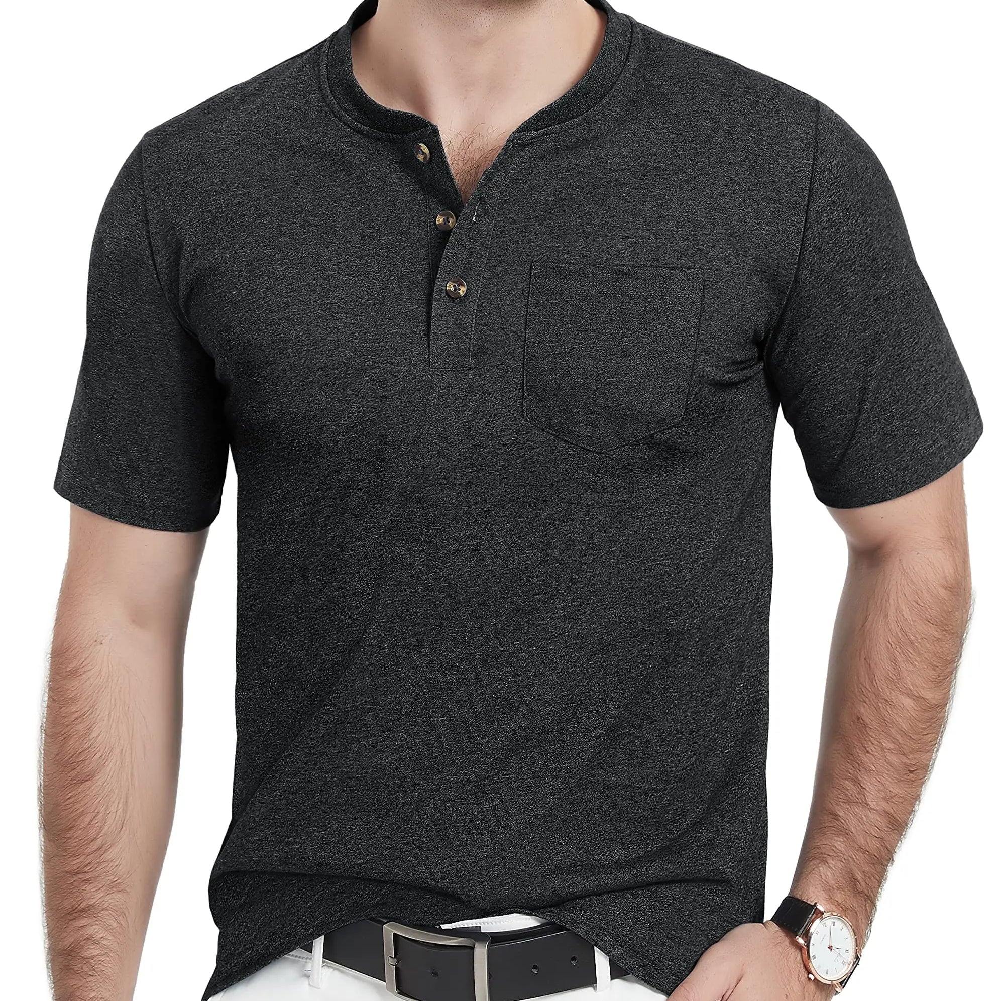 Summer Mens Cotton Henley T-shirts Casual Short Sleeve Tee Shirts-11