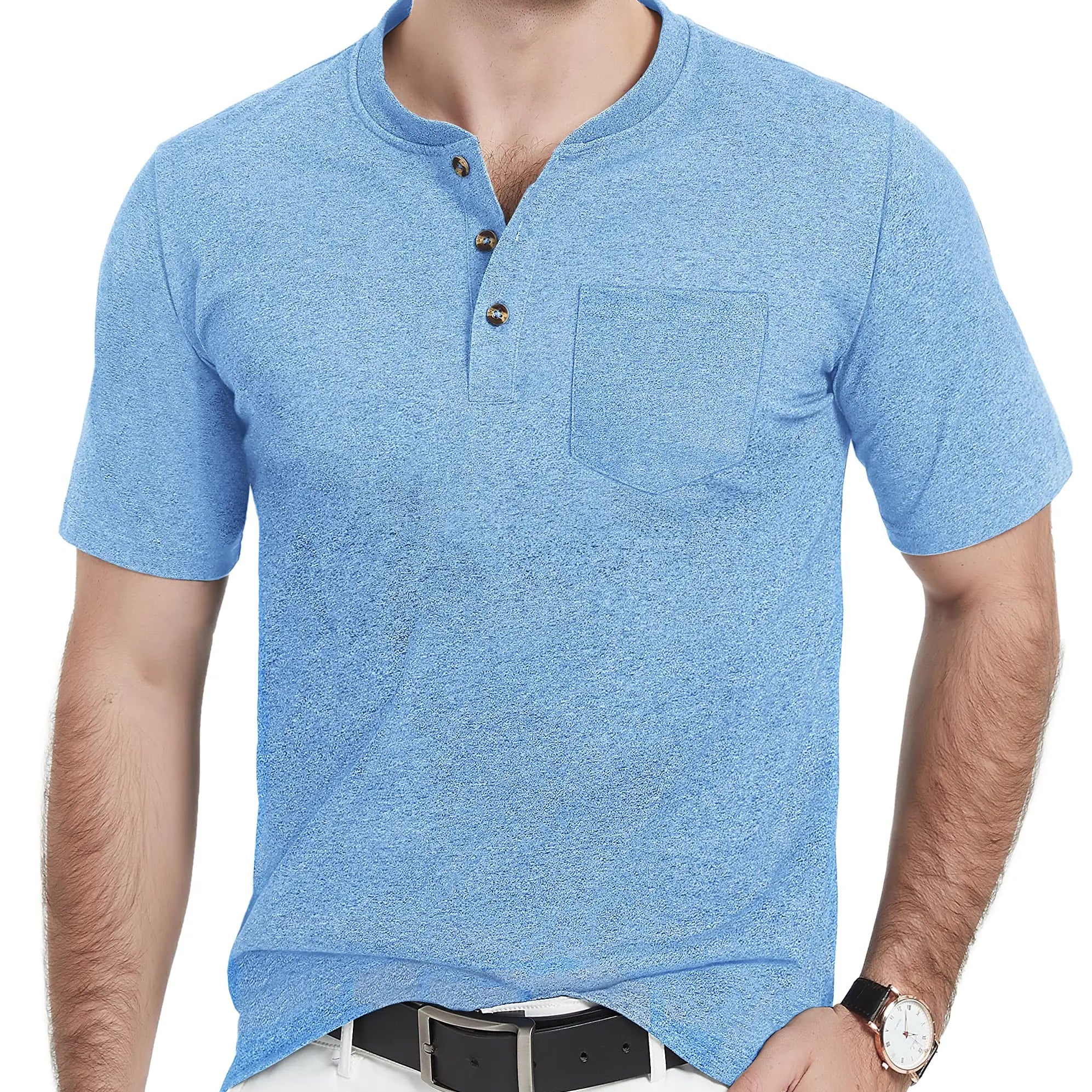 Summer Mens Cotton Henley T-shirts Casual Short Sleeve Tee Shirts-12