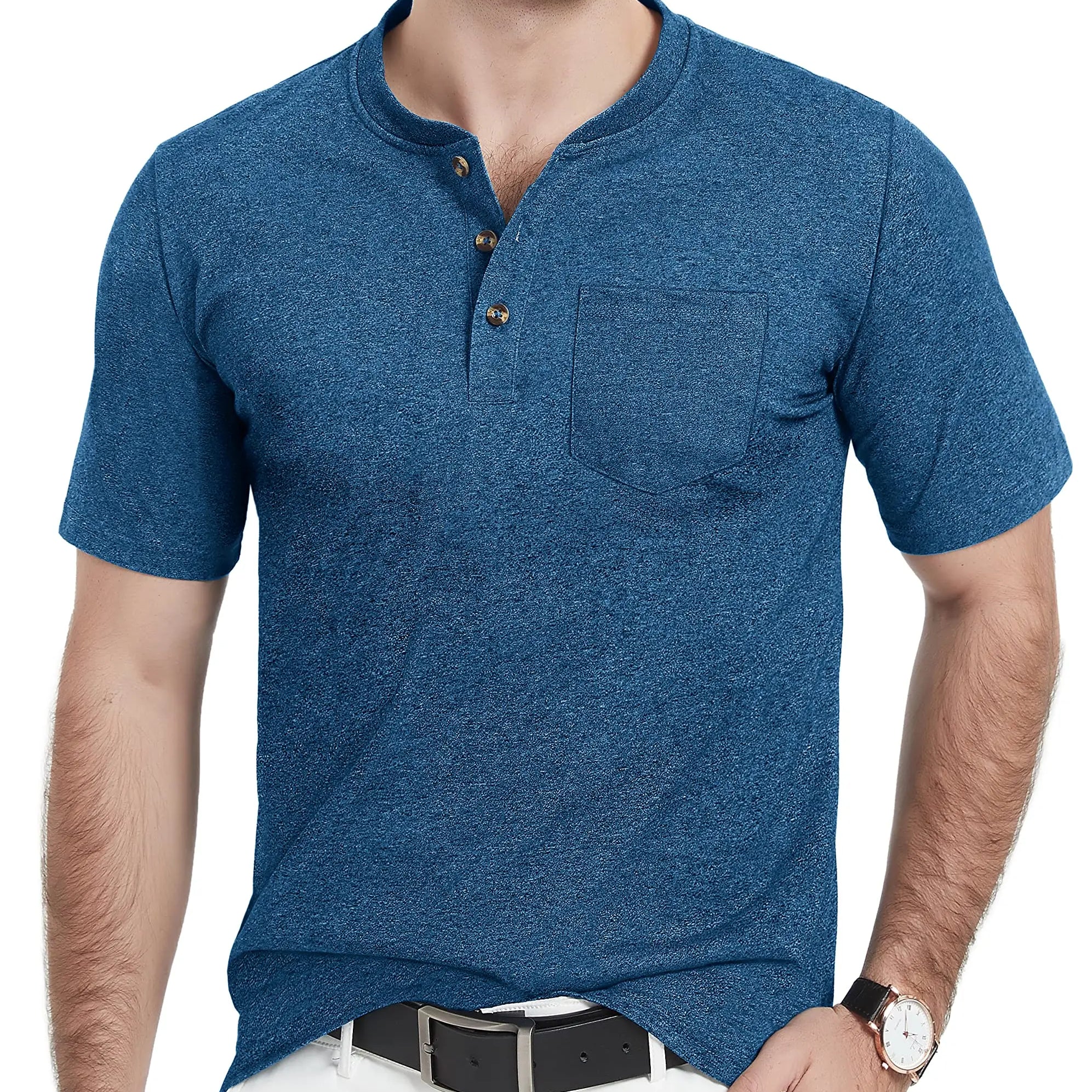Summer Mens Cotton Henley T-shirts Casual Short Sleeve Tee Shirts-13