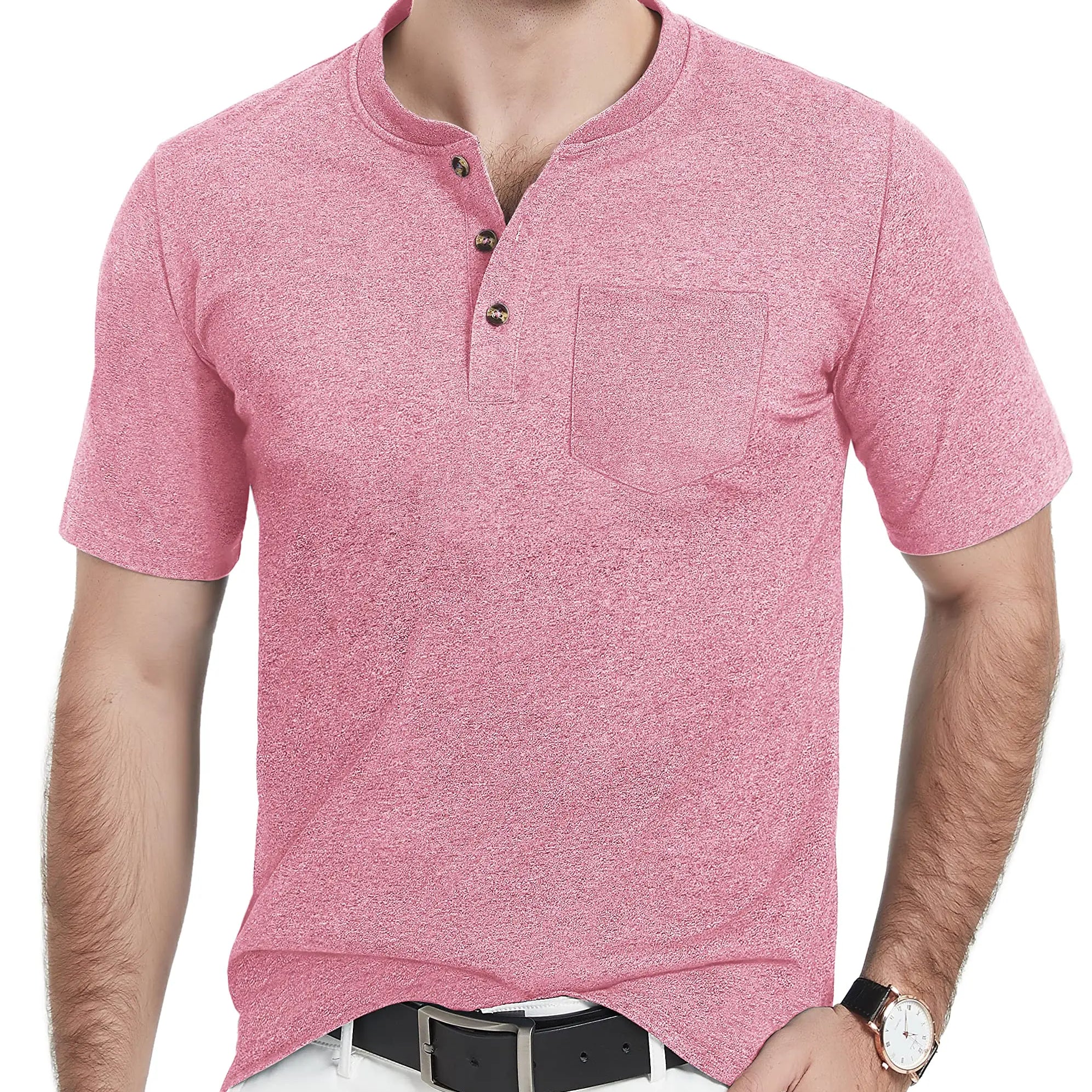 Summer Mens Cotton Henley T-shirts Casual Short Sleeve Tee Shirts-14