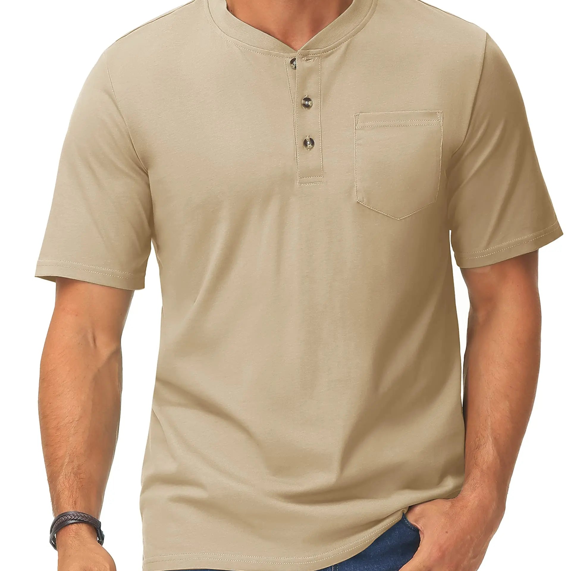 Summer Mens Cotton Henley T-shirts Casual Short Sleeve Tee Shirts-15