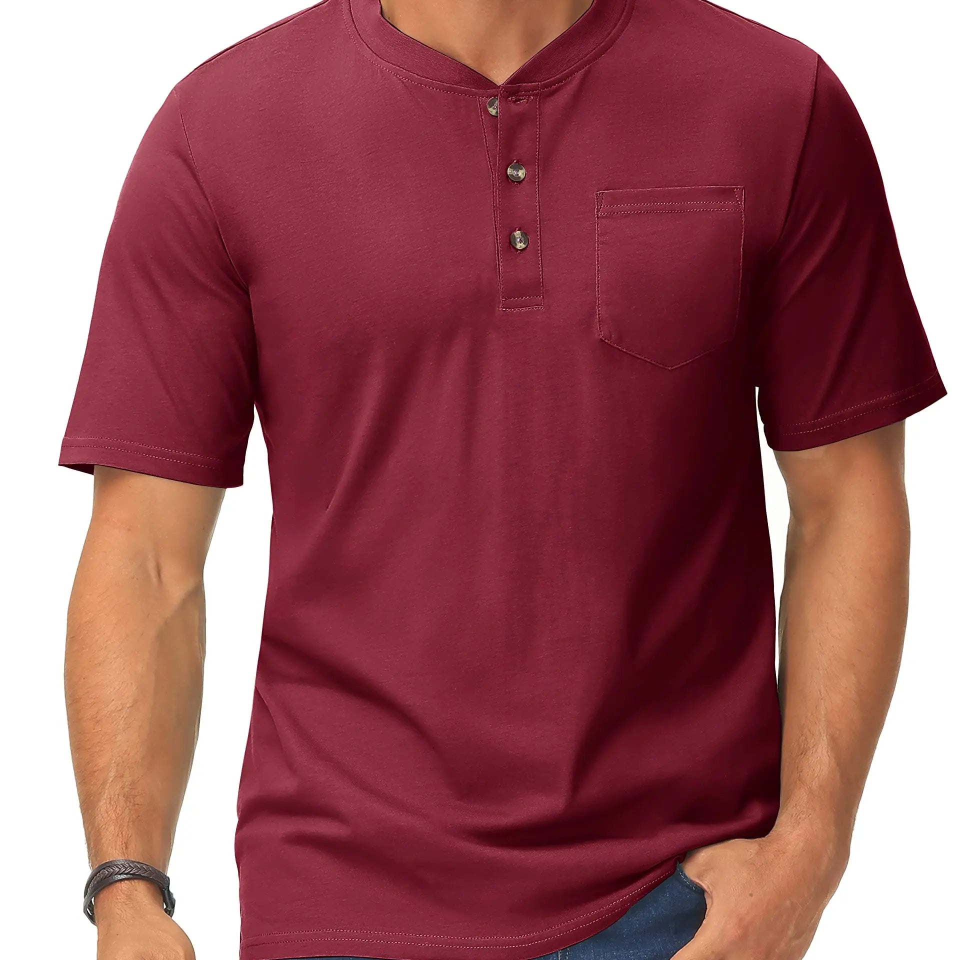 Summer Mens Cotton Henley T-shirts Casual Short Sleeve Tee Shirts-16