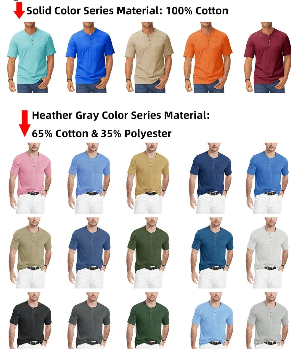 Summer Mens Cotton Henley T-shirts Casual Short Sleeve Tee Shirts-23