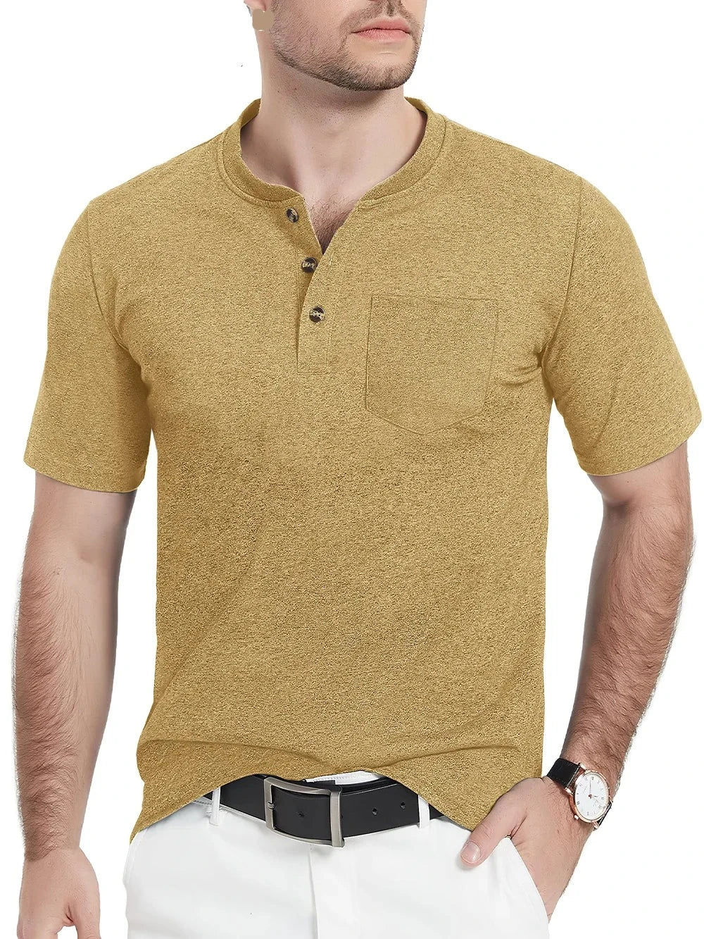 Summer Mens Cotton Henley T-shirts Casual Short Sleeve Tee Shirts-26