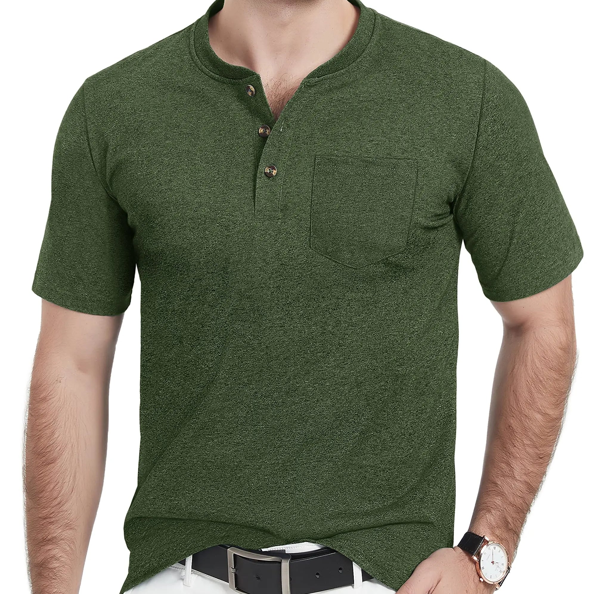 Summer Mens Cotton Henley T-shirts Casual Short Sleeve Tee Shirts-3