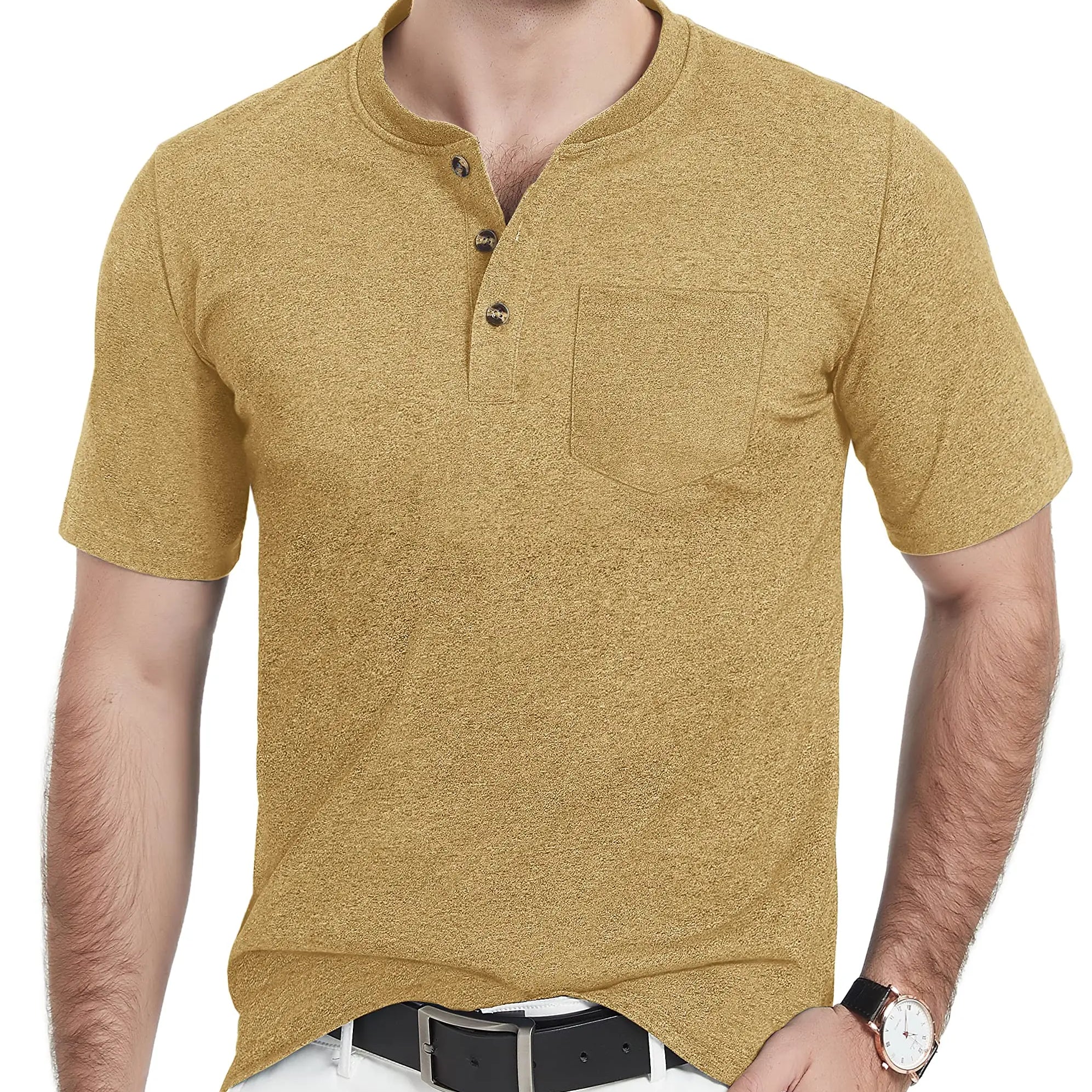 Summer Mens Cotton Henley T-shirts Casual Short Sleeve Tee Shirts-4