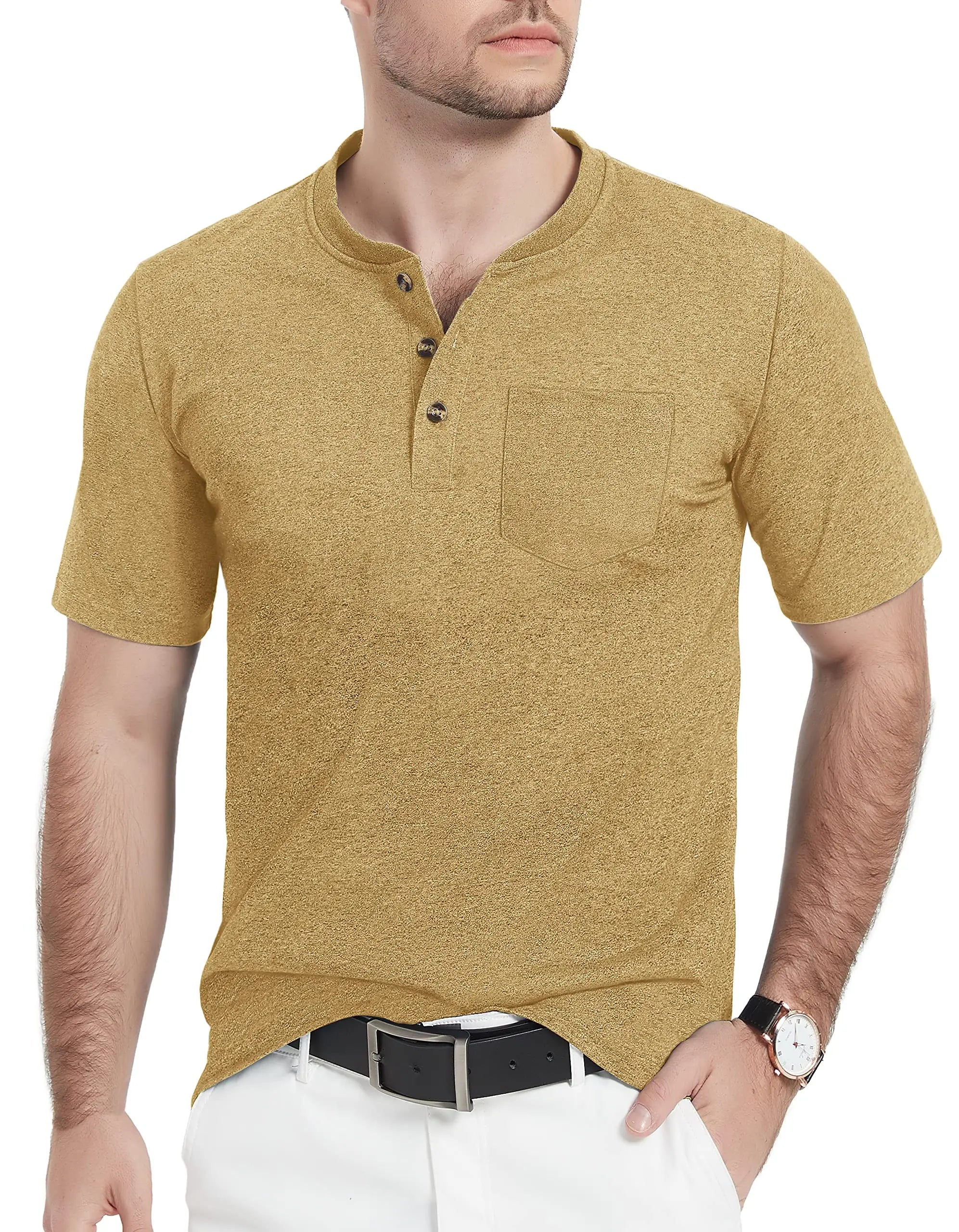 Summer Mens Cotton Henley T-shirts Casual Short Sleeve Tee Shirts-4
