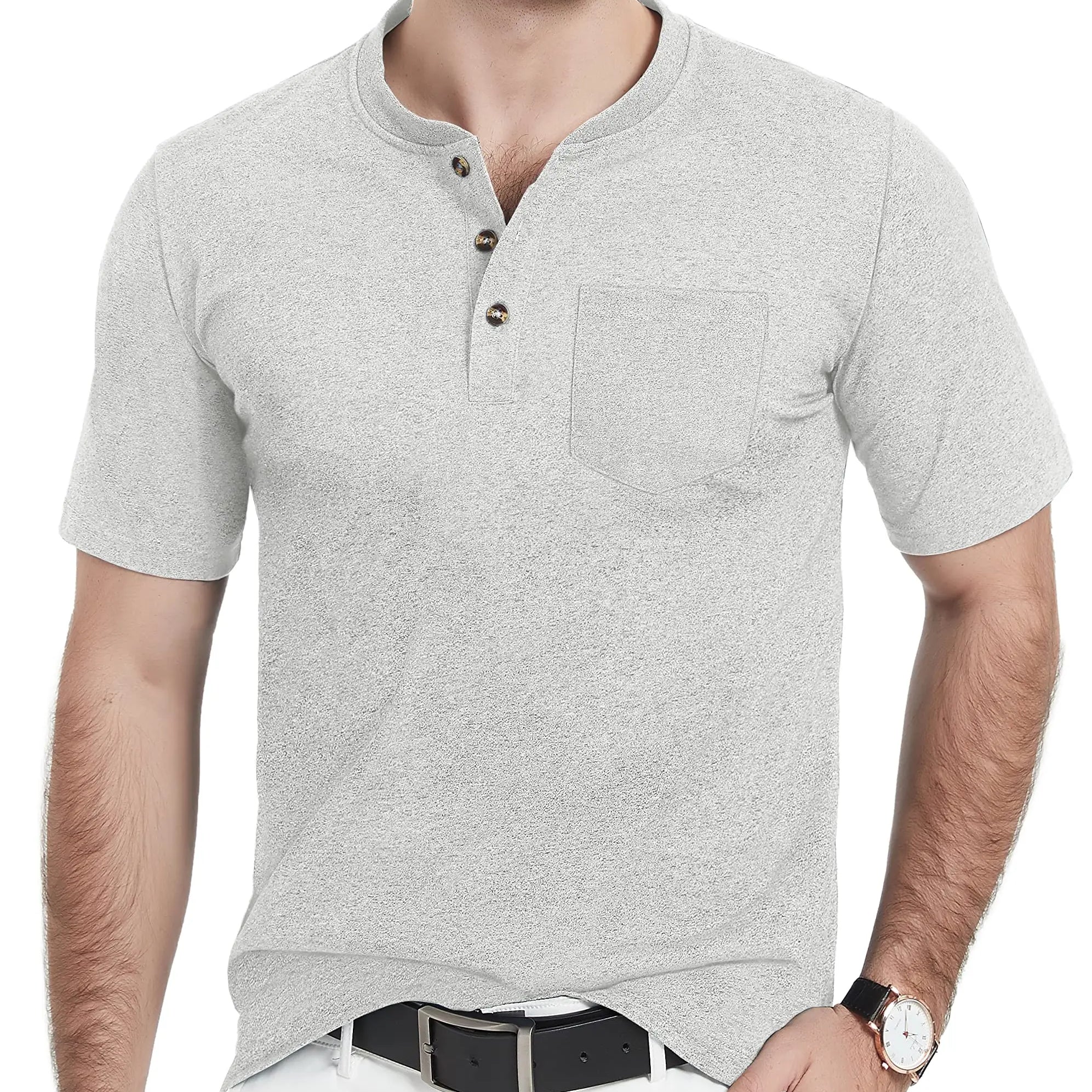 Summer Mens Cotton Henley T-shirts Casual Short Sleeve Tee Shirts-5