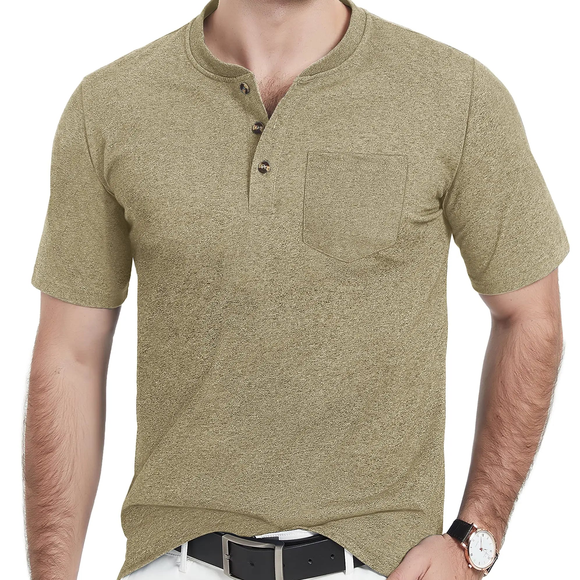 Summer Mens Cotton Henley T-shirts Casual Short Sleeve Tee Shirts-6