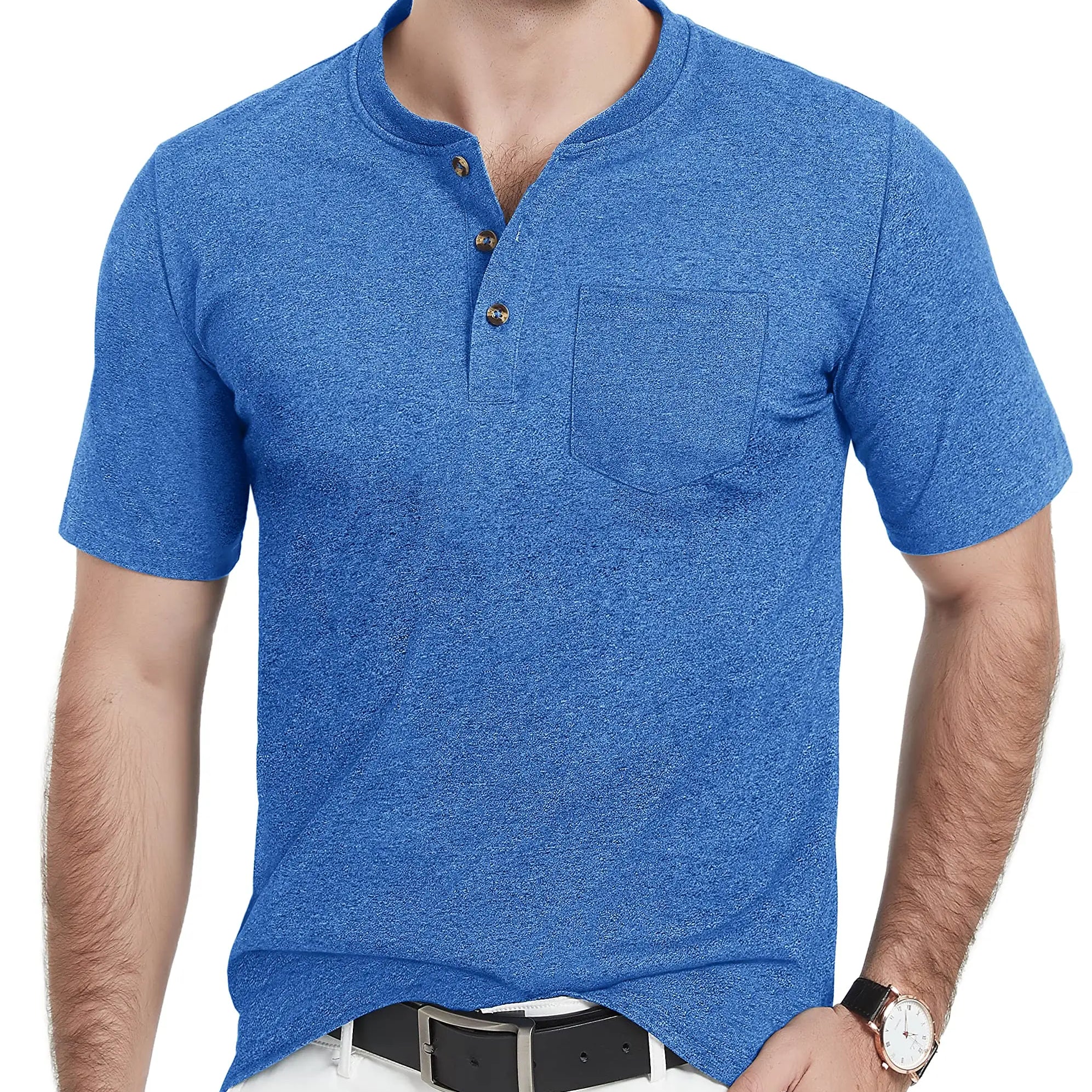 Summer Mens Cotton Henley T-shirts Casual Short Sleeve Tee Shirts-7