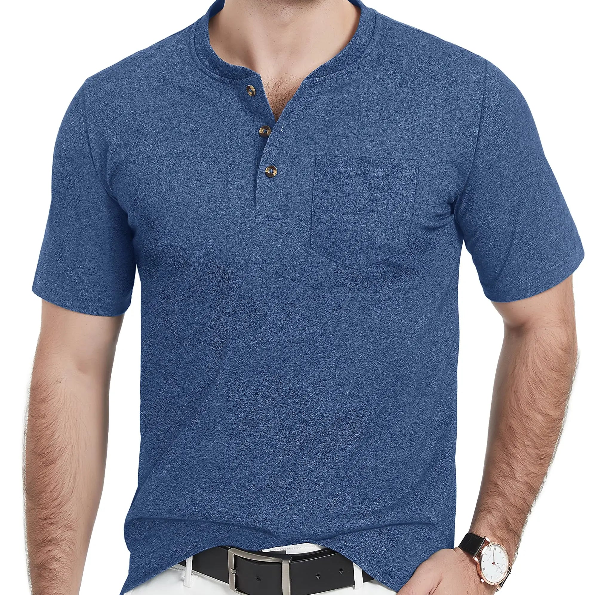 Summer Mens Cotton Henley T-shirts Casual Short Sleeve Tee Shirts-8