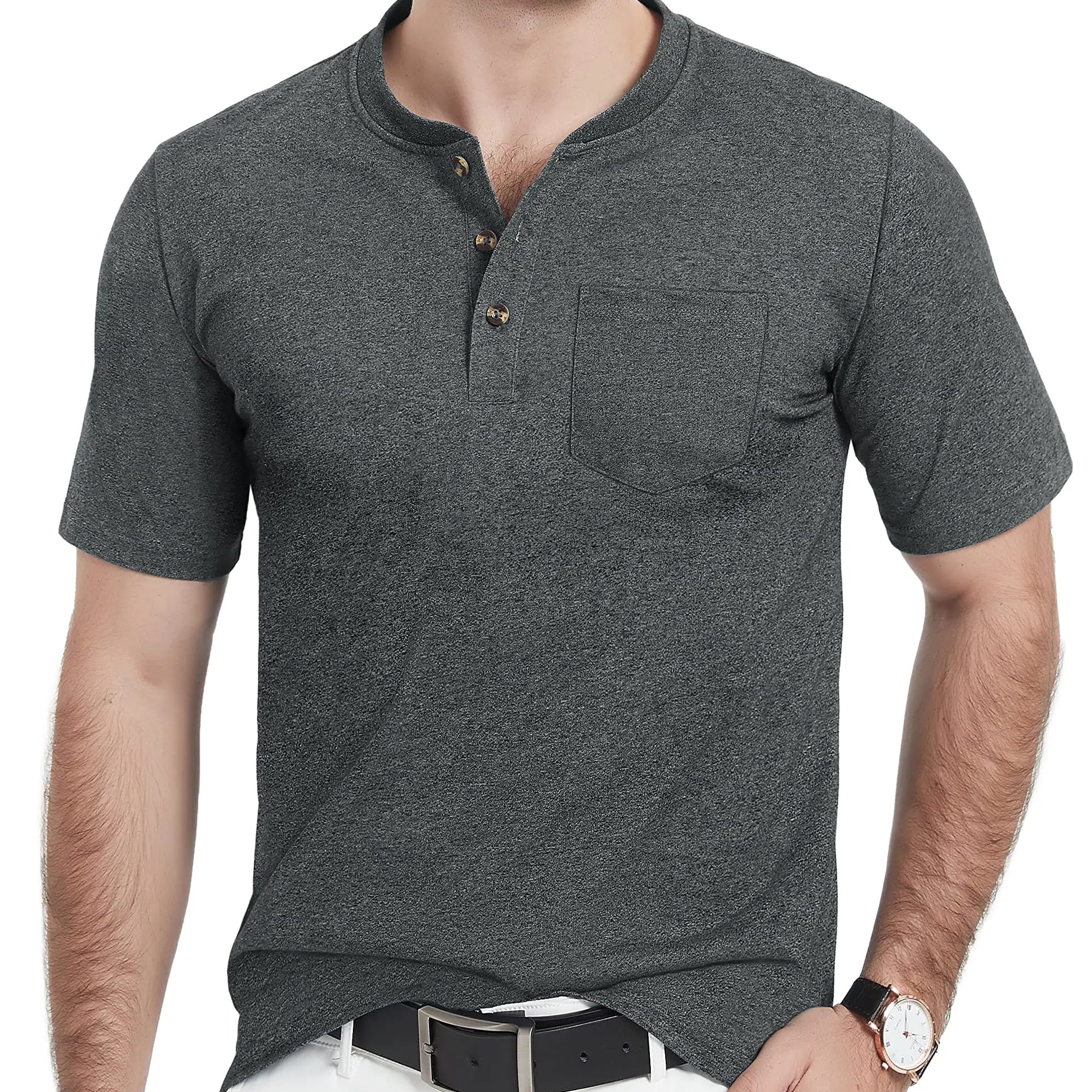 Summer Mens Cotton Henley T-shirts Casual Short Sleeve Tee Shirts-9