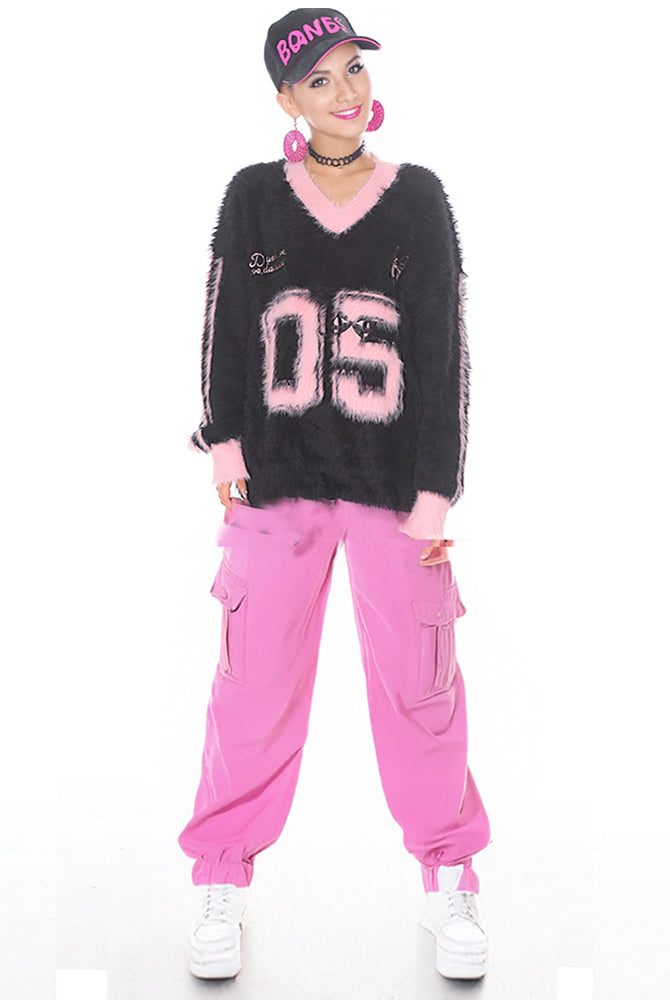 Trendy Sporty Mohair sweater V neck long sleeve oversize pull over sweater-1 ashore shop