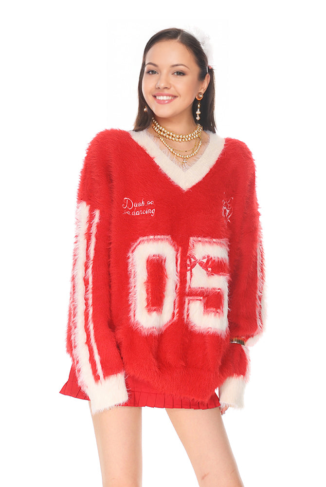 Trendy Sporty Mohair sweater V neck lon-5g sleeve oversize pull over sweater ashore shop