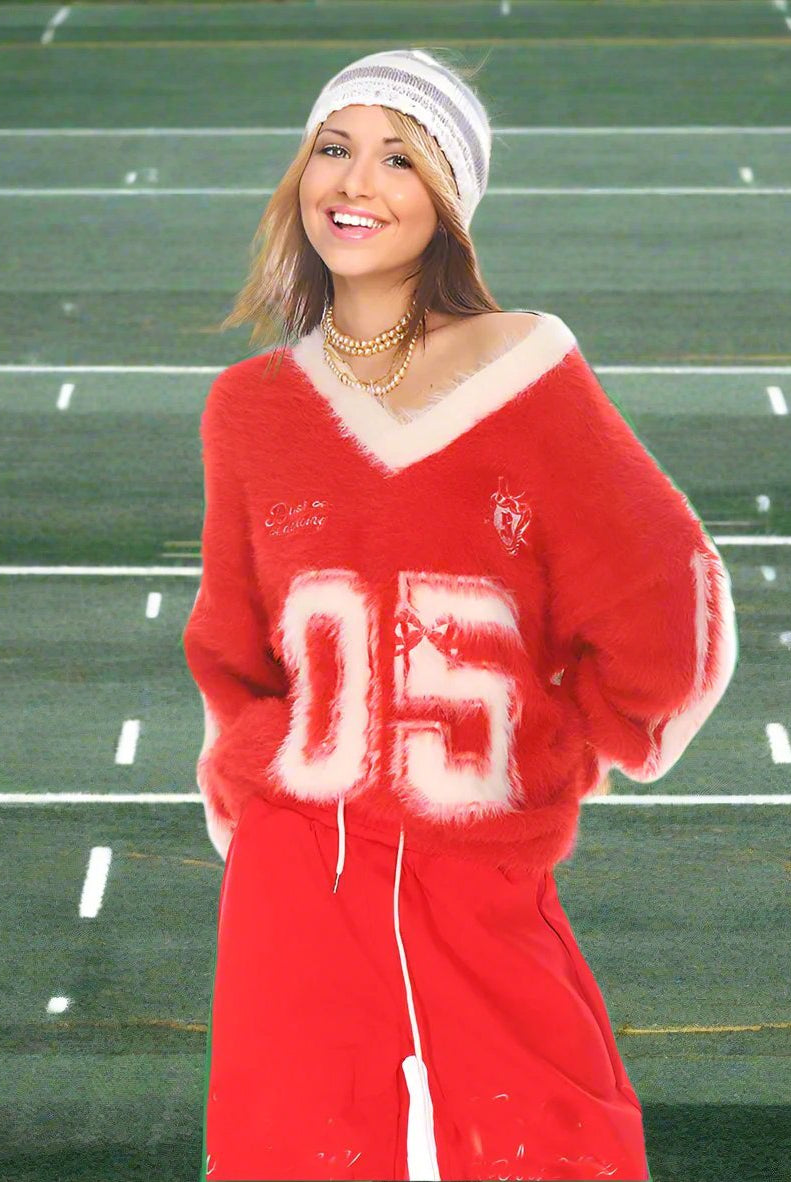 Trendy Sporty Mohair sweater V neck long sleeve oversize pull over sweater ashore shop