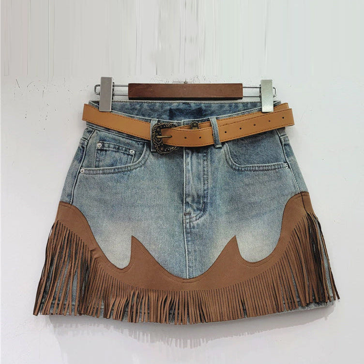 Women's Denim Skirt High Waist Spliced Contrast Color Tassel A-line Mini Skirt 2023