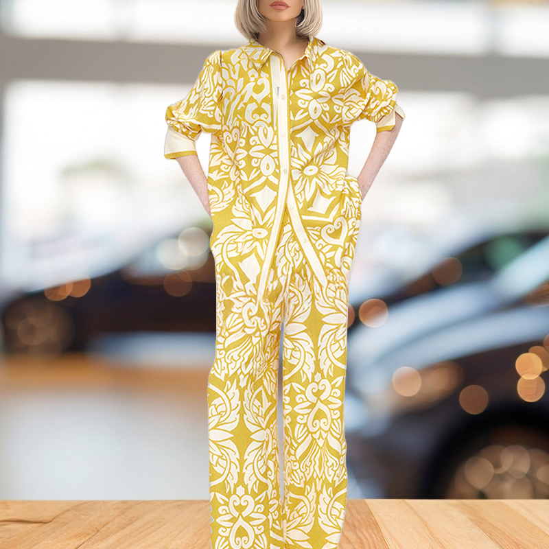 Yellow Vintage Print Pajama Sets
