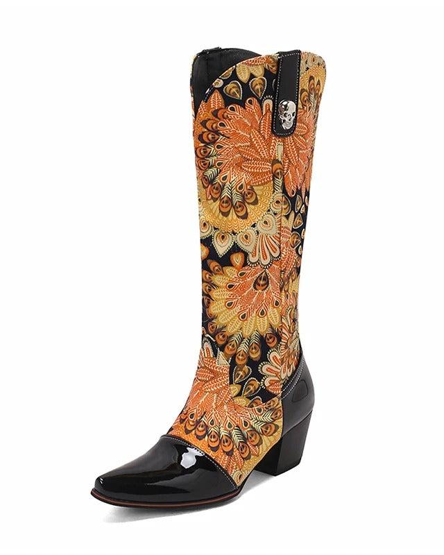 Western_Cowgirl_Patent_Leather_Metal_Buckle_Decoration_Print_For_Women_s_Knee_Length_Boots