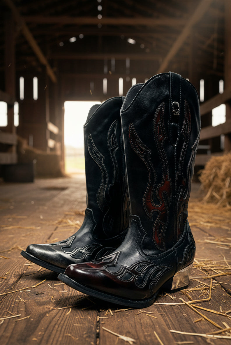 Western_Vintage_Black_PU_Leather_Boots