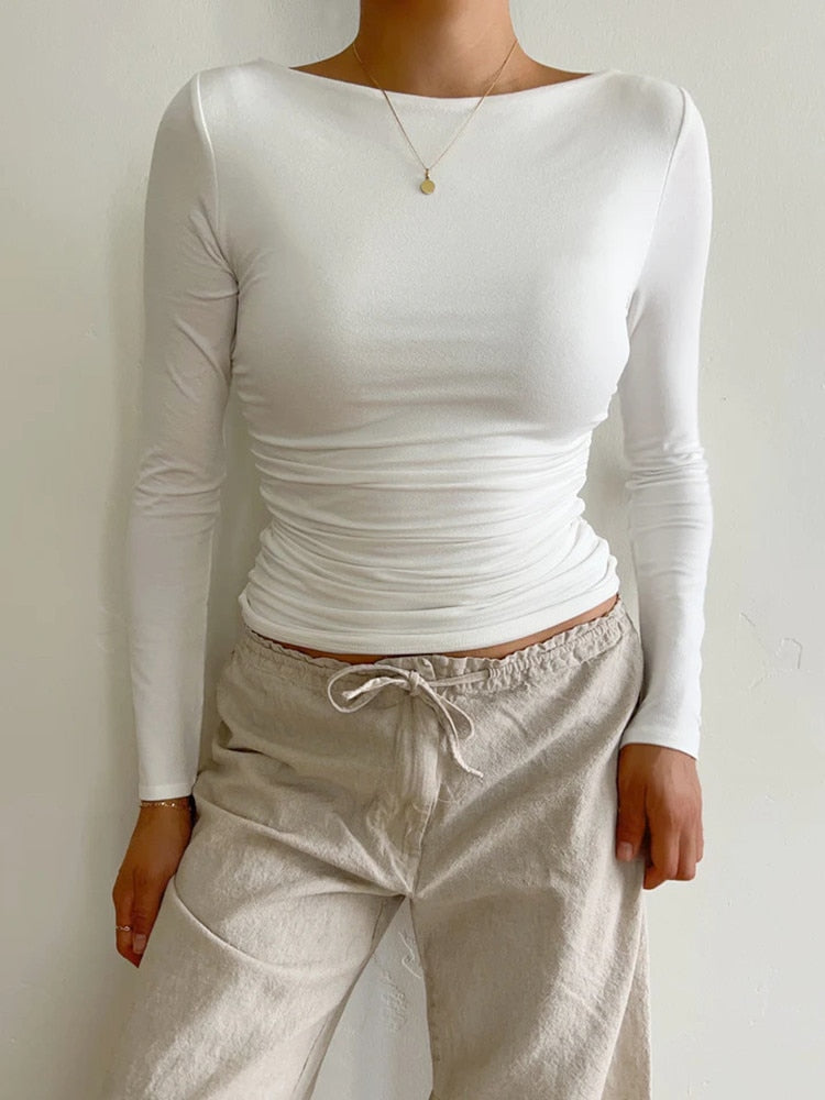 Women-Solid-Color-T-shirt-Autumn-Tops-Long-Sleeve-Boat-Neck-Slim-Fit-Shirts-4