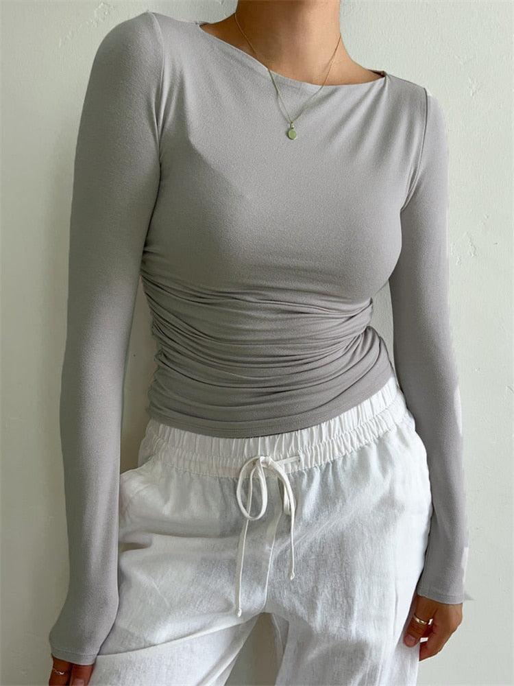 Women-Solid-Color-T-shirt-Autumn-Tops-Long-Sleeve-Boat-Neck-Slim-Fit-Shirts