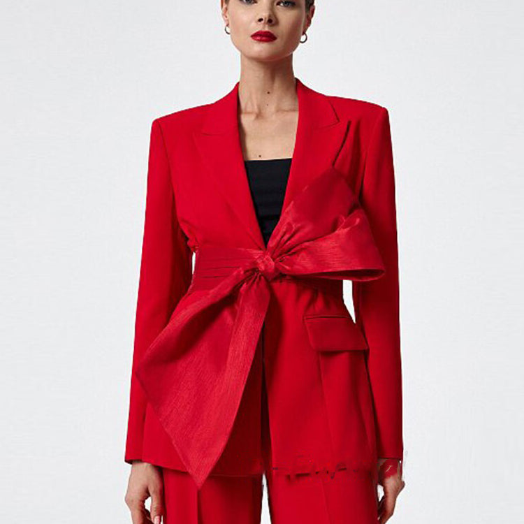 Women's 2-Piece High Street Suit Tailored Tailored Pointed Lapel Party Tuxedo Pants Set Womens Clothing Dresses for Prom Top Red