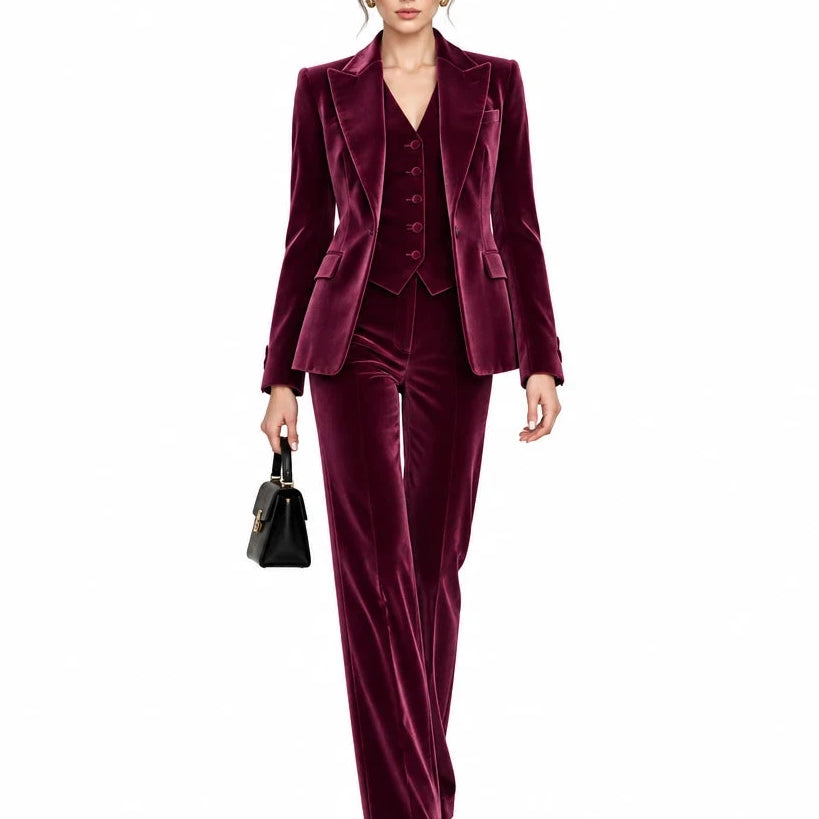 Women's Elegant 3 Piece Velvet Suit Sets Single Breasted Point Collar for Prom Pants Sets